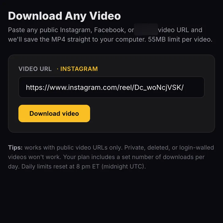 The Downloader: paste a public Instagram or Facebook video link and save the video as an MP4