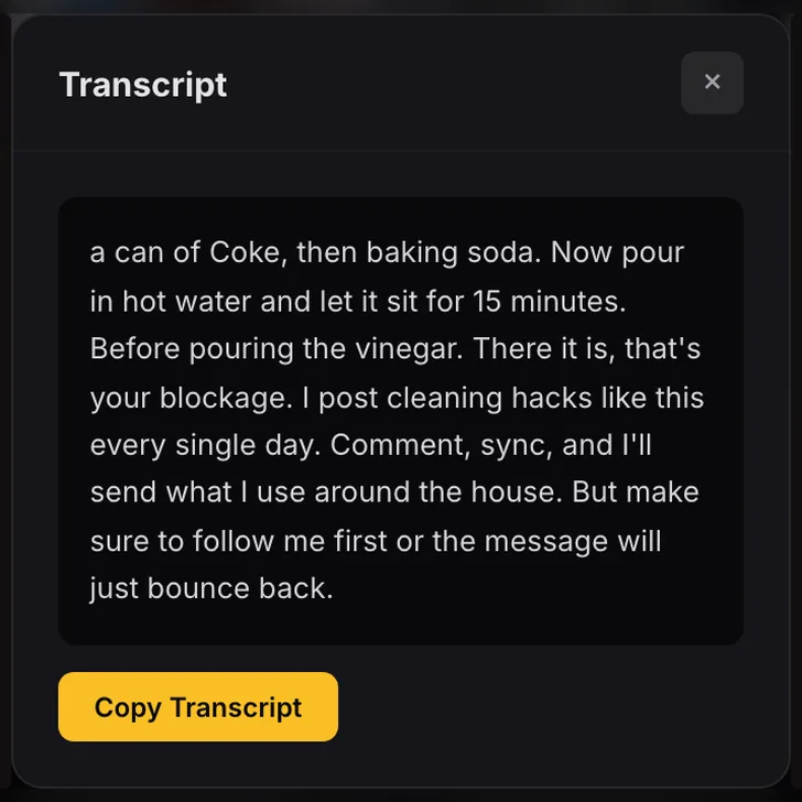 A viral video's full transcript open in the database, with a Copy Transcript button